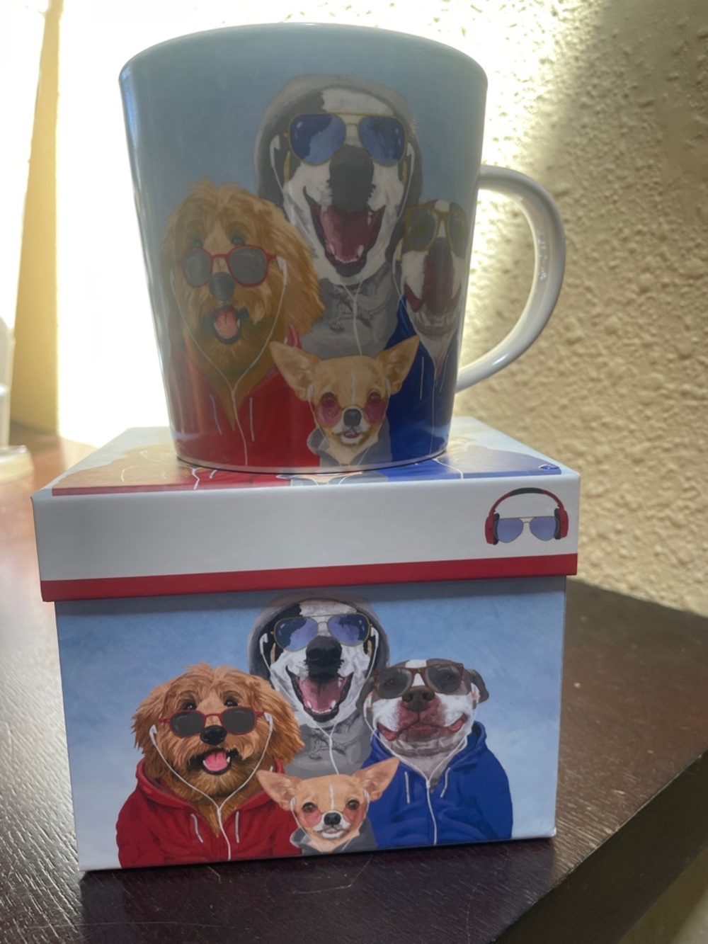 Blue Dog Portrait Ceramic Mug with Sunglasses Design